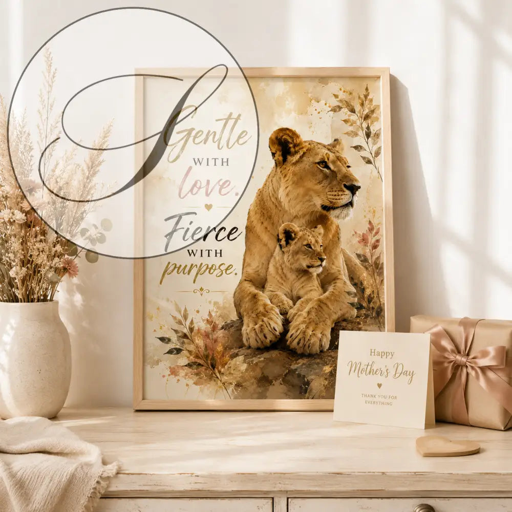 Un poster encadré avec une mère lion et son lionceau dans des tons chauds portant le texte gentle with love