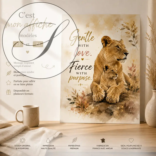 Canvas chaleureux avec lionne et son petit texte gentle with love pour décoration murale sans titre 16juin_16:27:25