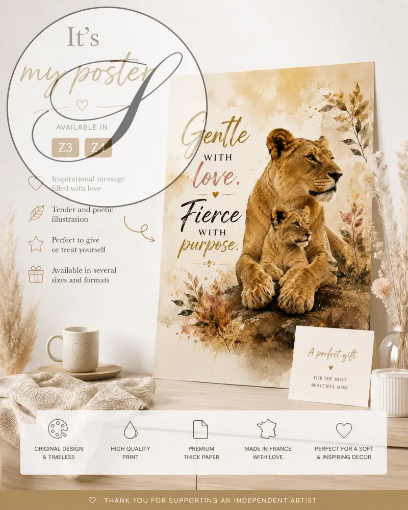 Affiche toile aux tons chauds avec une lionne et son lionceau et des accents floraux sur papier épais premium