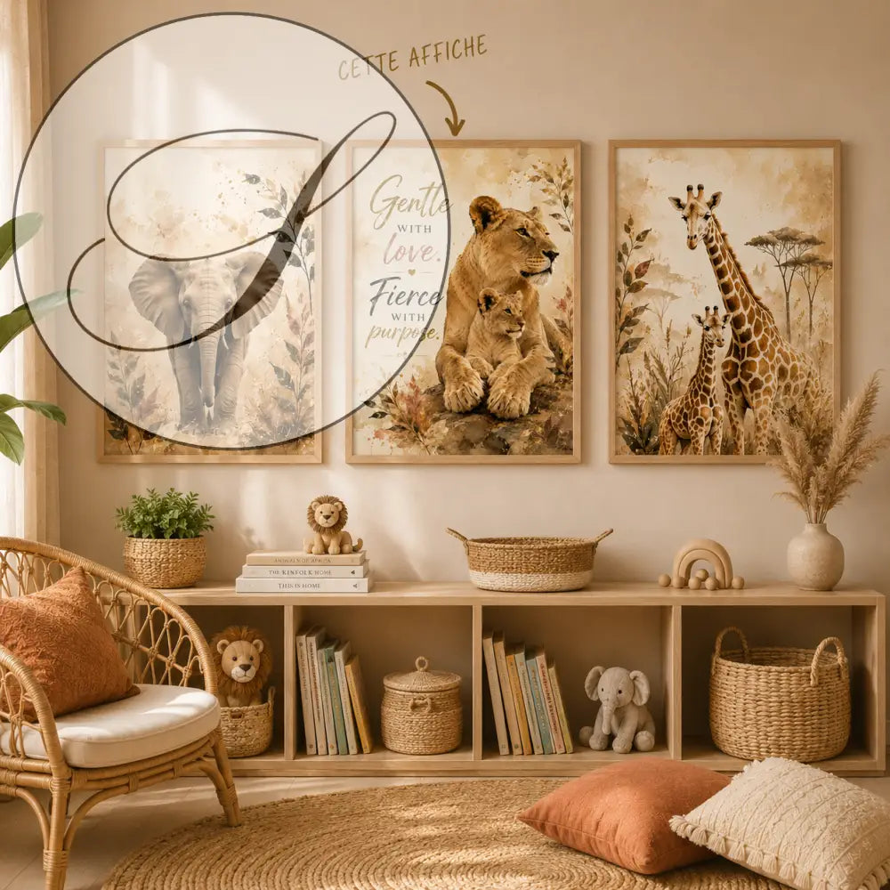 Trois affiches encadrées sans titre 16juin_16:27:25 avec illustrations sépia d’éléphant lionne et girafes sur fond botanique