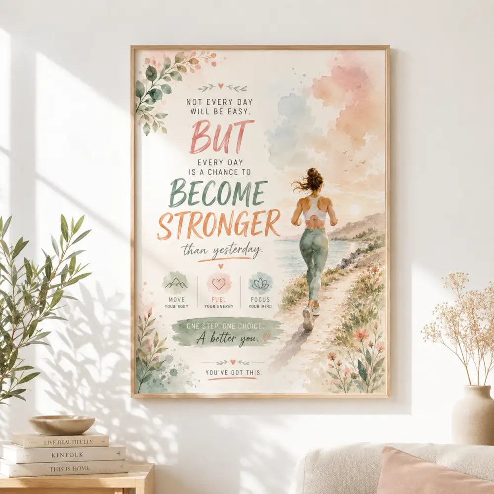 Poster motivant style aquarelle encadré en bois clair montrant une femme courant sur un sentier côtier avec ciel pastel