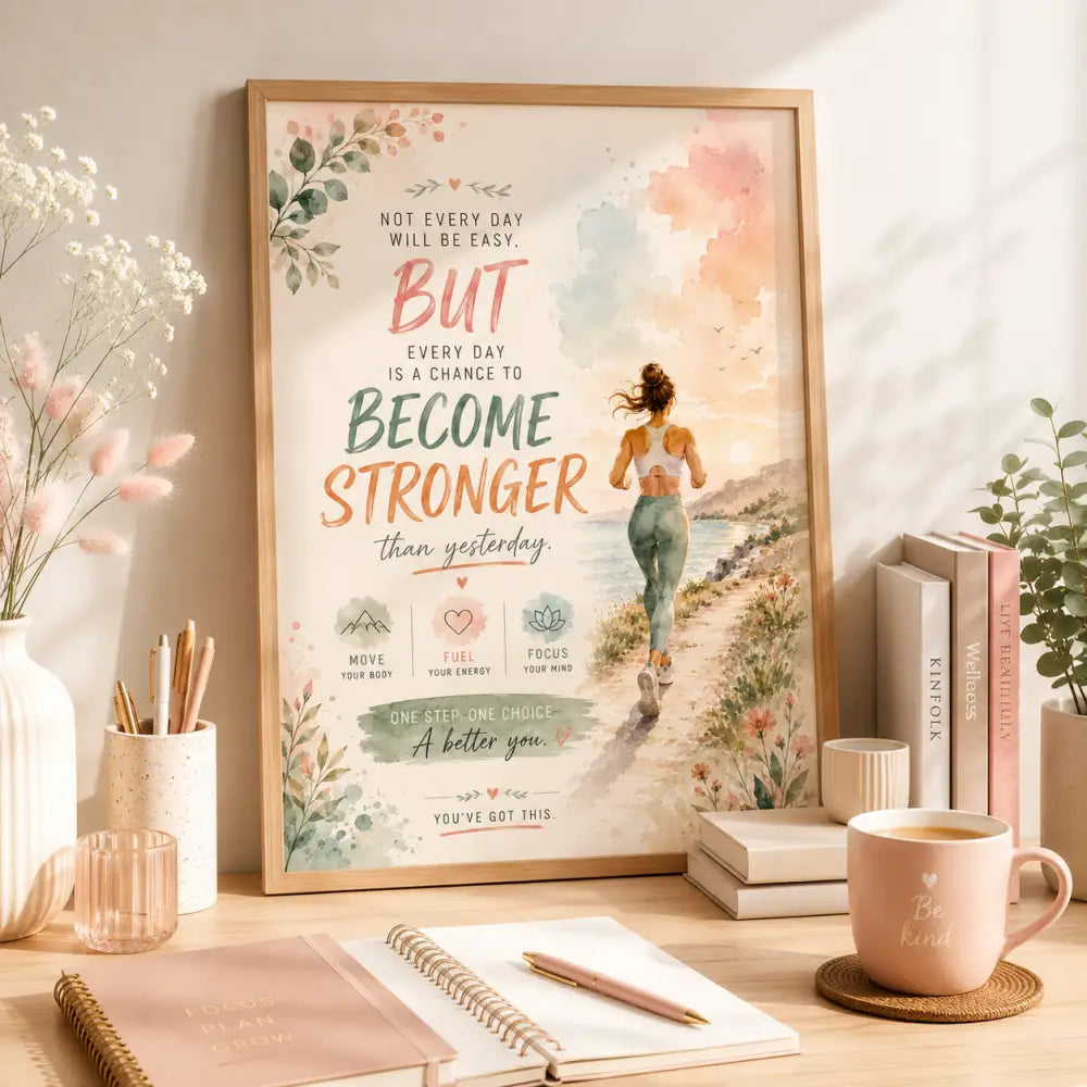 Poster encadré f avec illustration aquarelle d une femme courant sur un sentier côtier en couleurs pastel douces