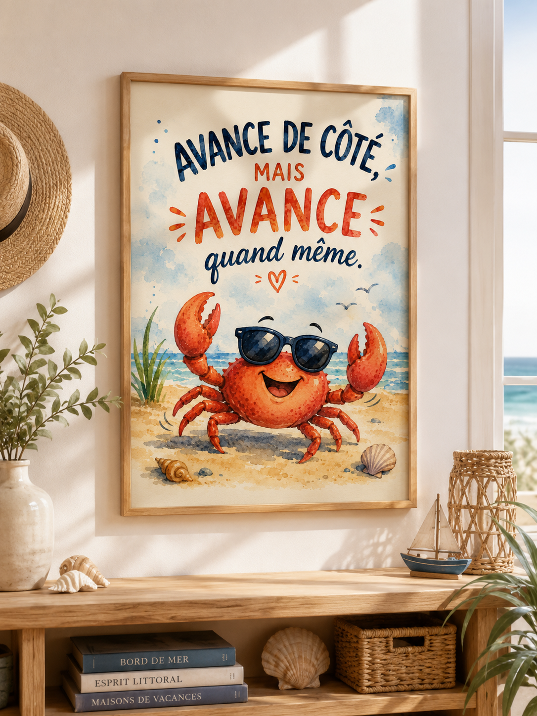 Affiche encadrée avec crabe orange souriant en lunettes noires et texte avance de côté sur fond plage