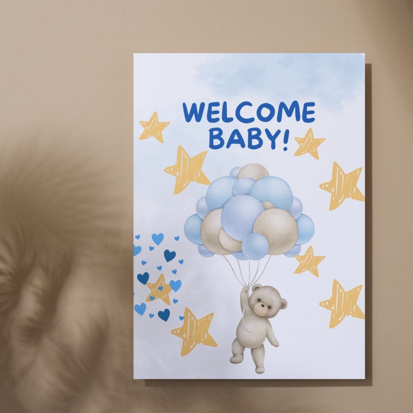 Poster naissance Welcome Baby au design épuré et bohème, parfait pour décorer la chambre 