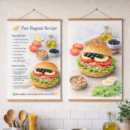 Poster recette Pan Bagnat illustrée en aquarelle – Guide culinaire pour préparer un sandwich niçois traditionnel