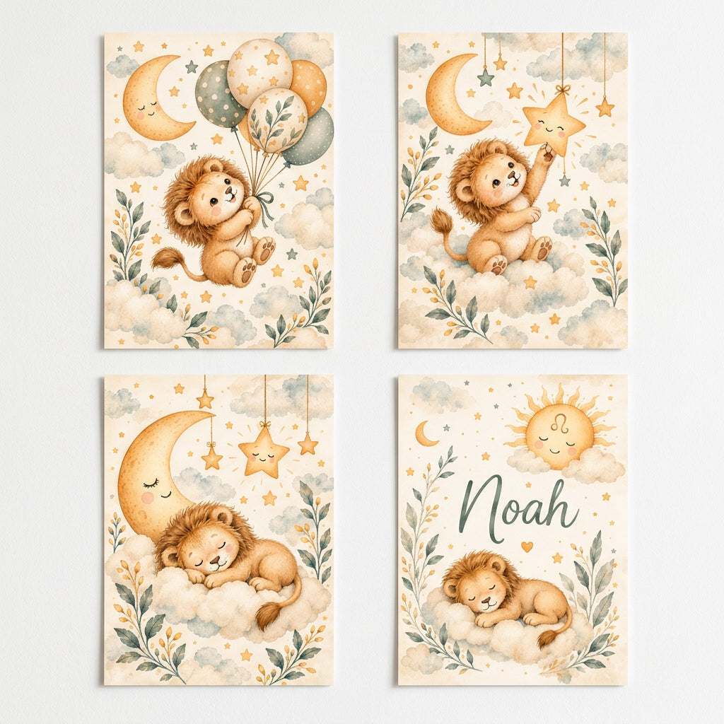 Lot de 4 affiches poster personnalisé bébé lionceau en tons beige et vert avec éléments célestes idée cadeau naissance