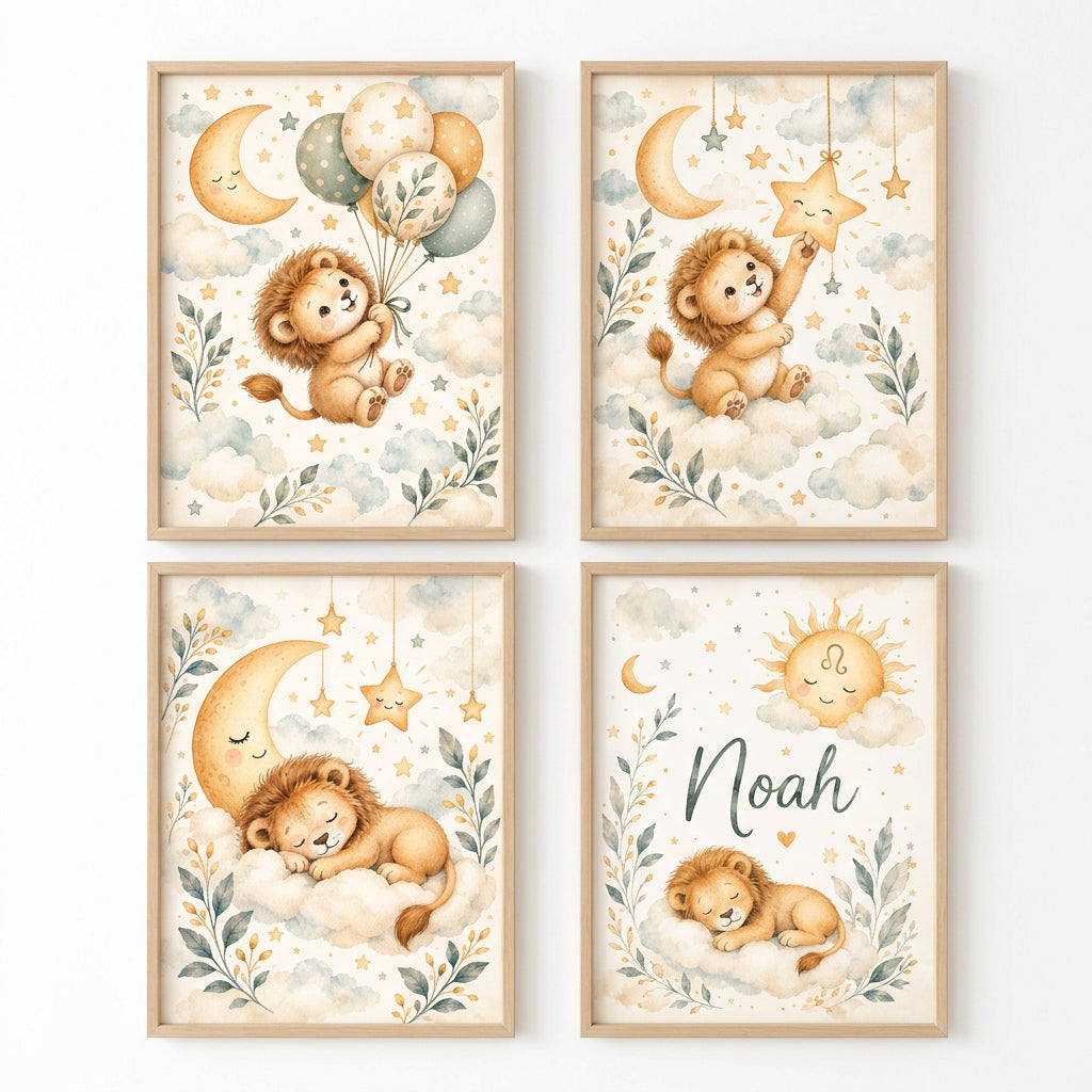 Set de 4 affiches poster personnalisé bébé lionceau avec illustrations aquarelle pour idée cadeau naissance