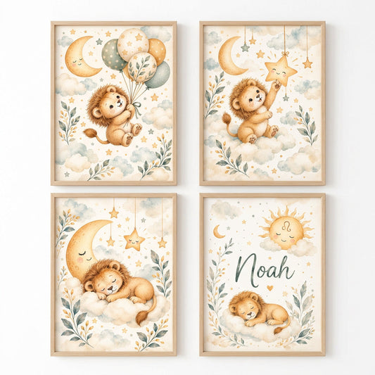 Set de 4 affiches poster personnalisé bébé lionceau avec illustrations aquarelle pour idée cadeau naissance