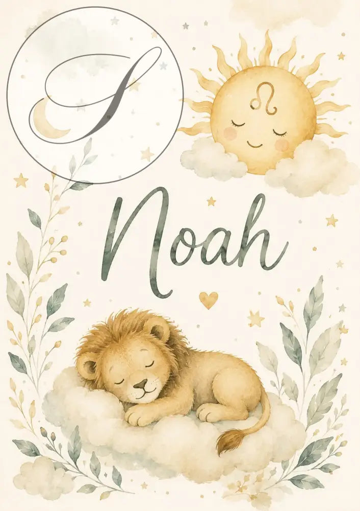 Poster personnalisé bébé lionceau en aquarelle avec nom noah idée cadeau naissance doux et céleste