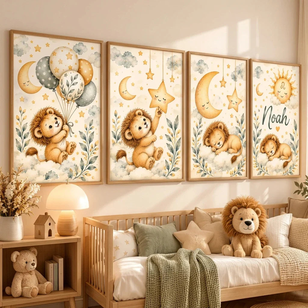 Poster personnalisé bébé lionceau avec peluche lion douce aux couleurs dorées idée cadeau naissance bébé