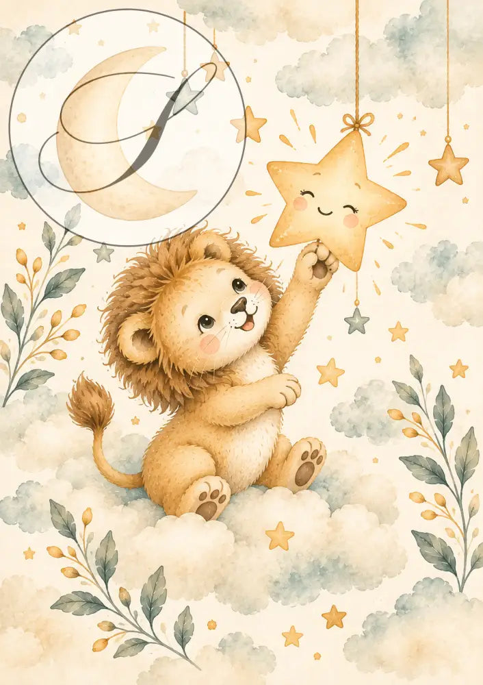 Poster personnalisé bébé lionceau doux doré avec crinière assis sur des nuages idée cadeau naissance bébé