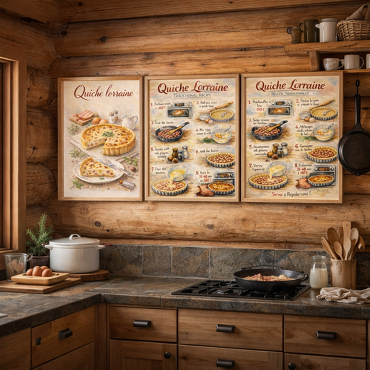 Poster recette Quiche Lorraine accroché dans une cuisine rustique style farmhouse 