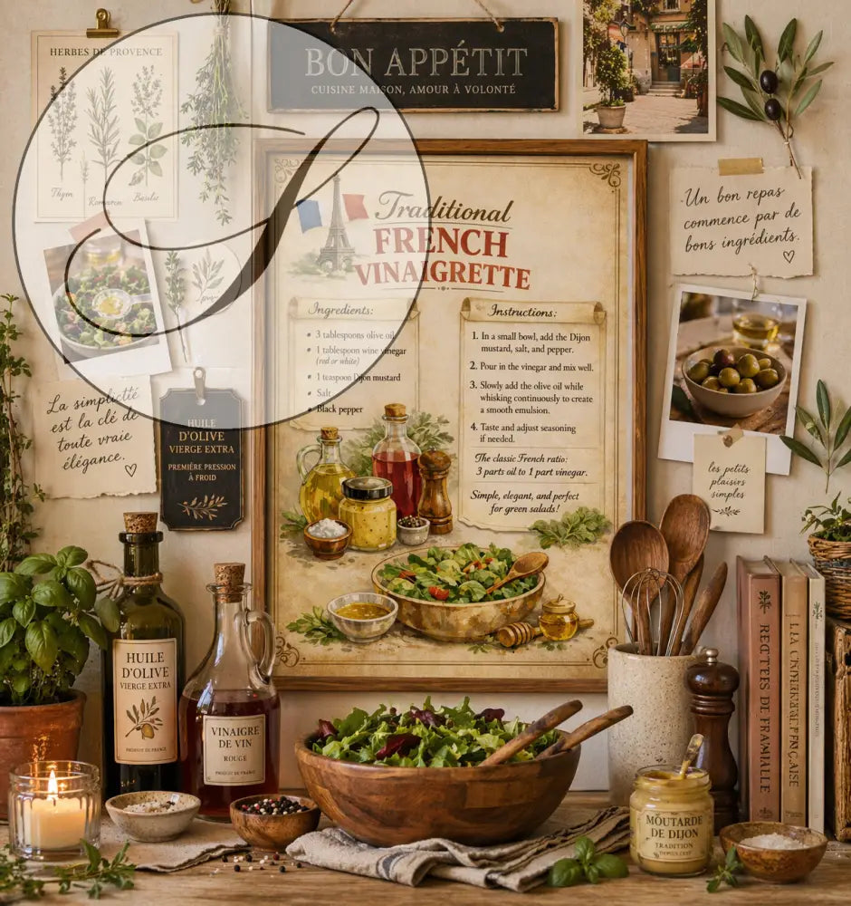 Affiche vintage français avec cadre en bois montrant un bol en bois rempli de salade 