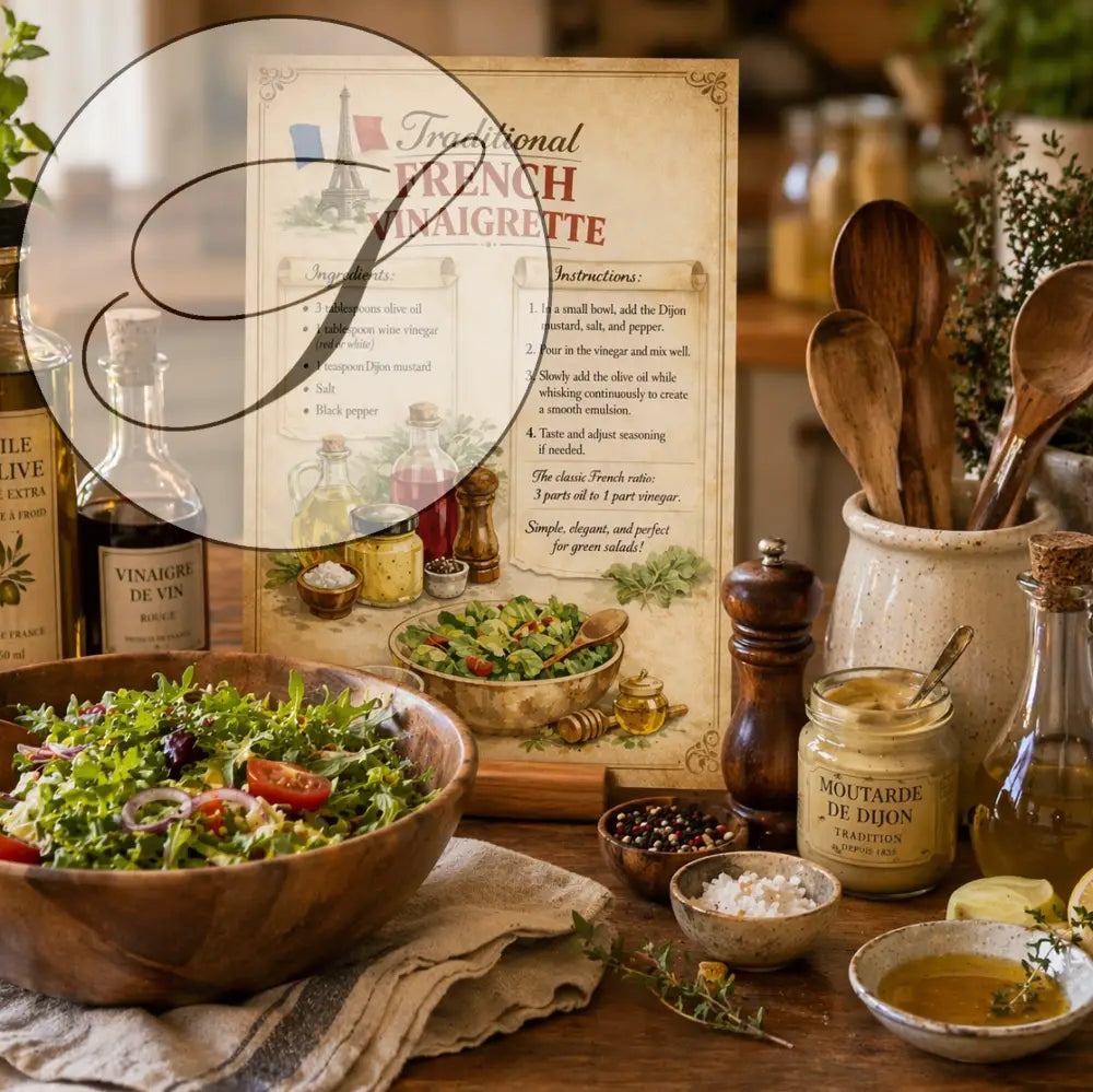Affiche vintage français de la vinaigrette traditionnelle avec cadre en bois et salade verte garnie de tomates cerises