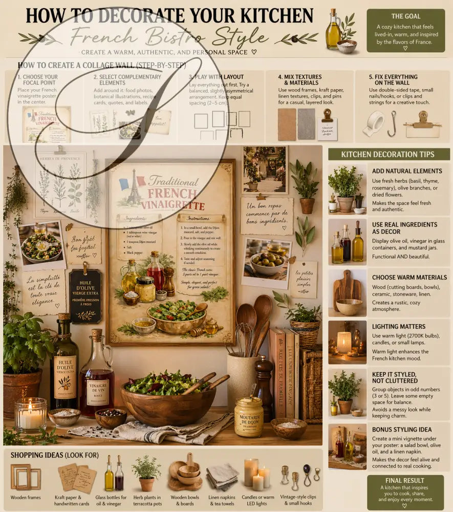 Ce poster vintage français affiche la vinaigrette française traditionnelle avec cadre en bois et décor rustique de bistrot