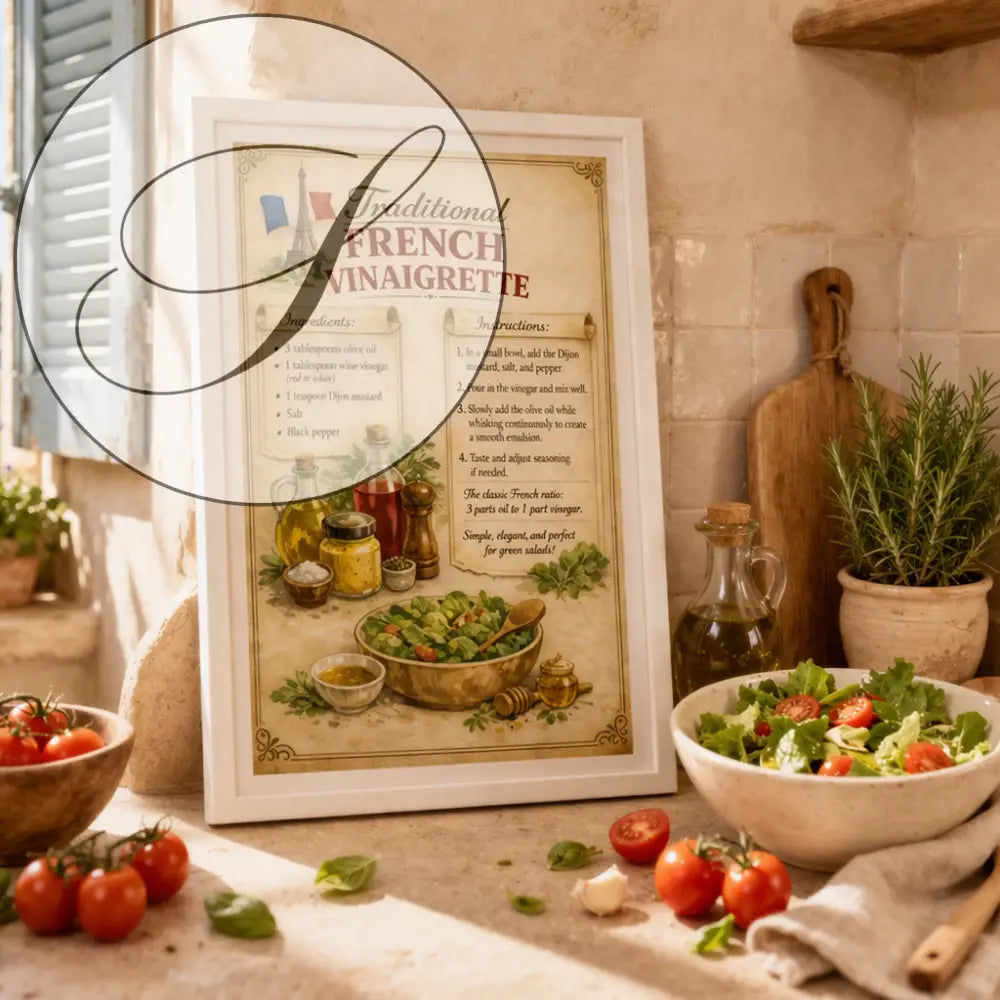Affiche vintage avec cadre en bois présentant une recette traditionnelle française de vinaigrette et ses ingrédients