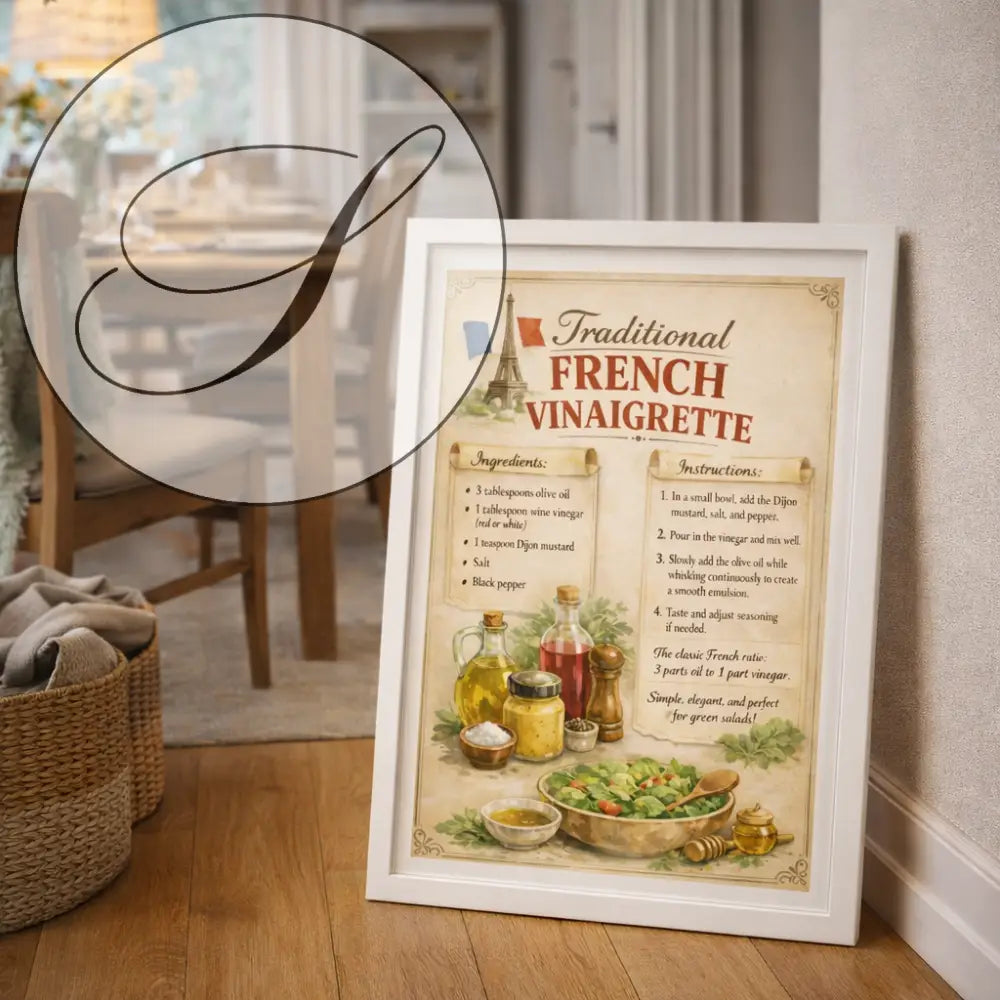 Affiche vintage français avec cadre en bois blanc présentant une recette traditionnelle de vinaigrette française et éléments décoratifs