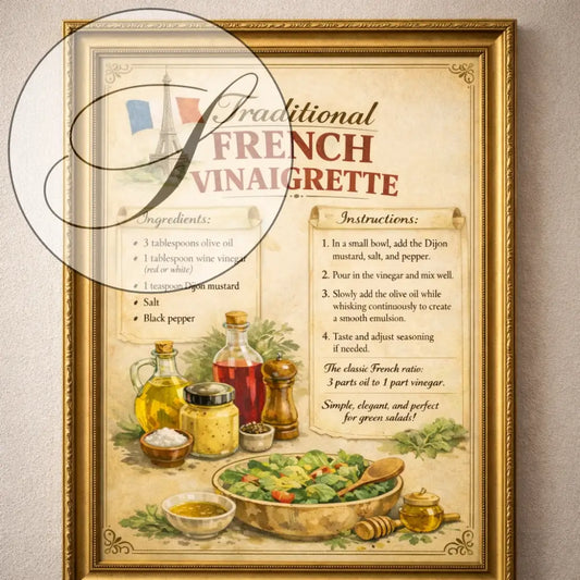 Affiche cuisine vintage la vinaigrette française traditionnelle avec illustrations de la tour Eiffel