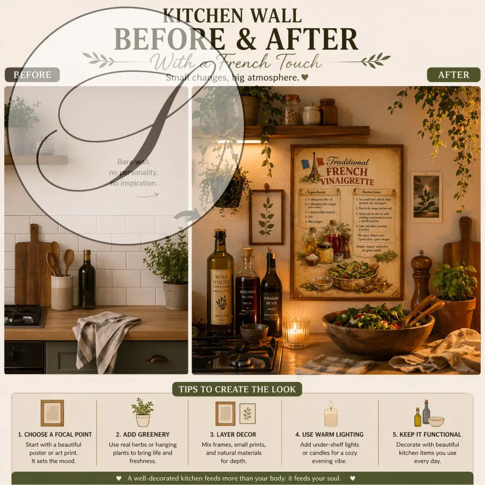 Affiche cuisine vintage la vinaigrette française traditionnelle avec cadre en bois rustique 