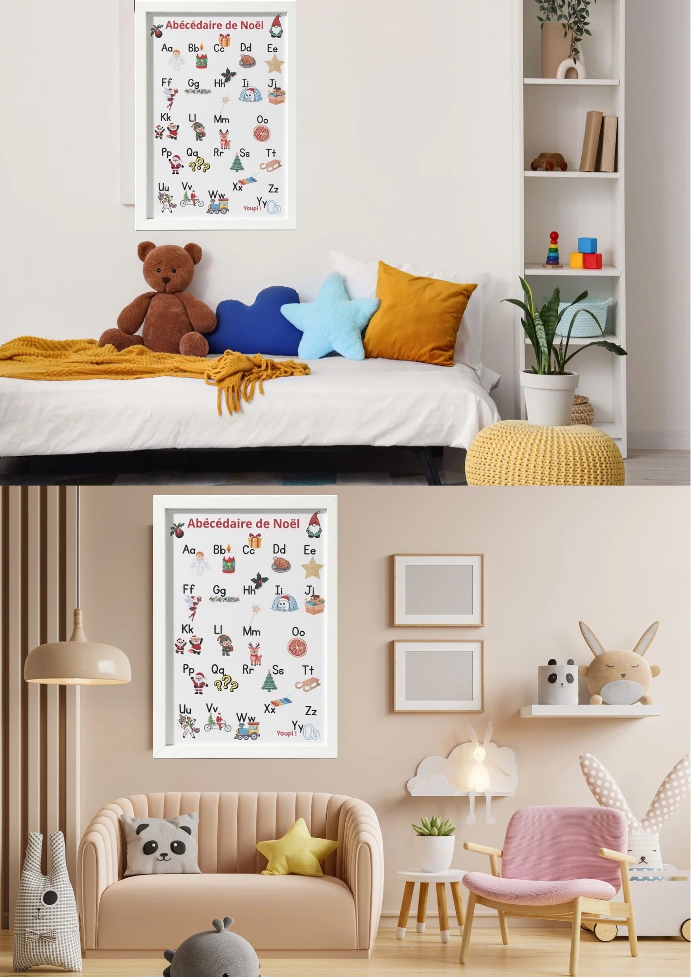 Poster éducatif représentant l’alphabet avec illustrations inspirées de Noël