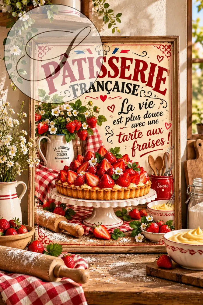 Affiche rétro Pâtisserie française avec tarte aux fraises encadrée dans une cuisine campagne chic