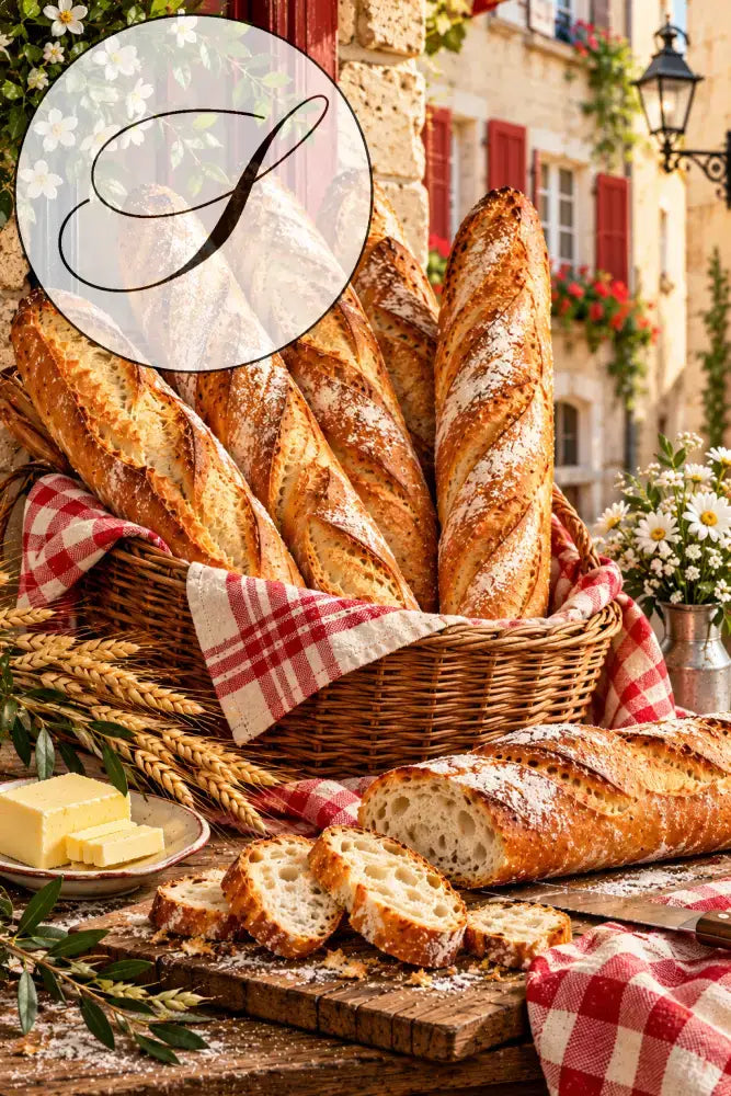 Affiche baguettes de tradition dans un panier en osier devant une façade parisienne, poster boulangerie
