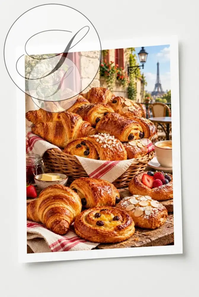 Affiche viennoiseries, croissants et pains au chocolat dans un panier sur nappe vichy rouge, déco cuisine
