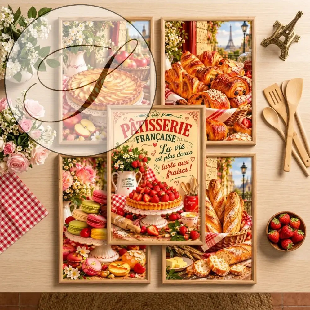 Lot de 5 affiches pâtisserie française encadrées dans une cuisine : tarte aux pommes, croissants, macarons, baguettes et tarte aux fraises