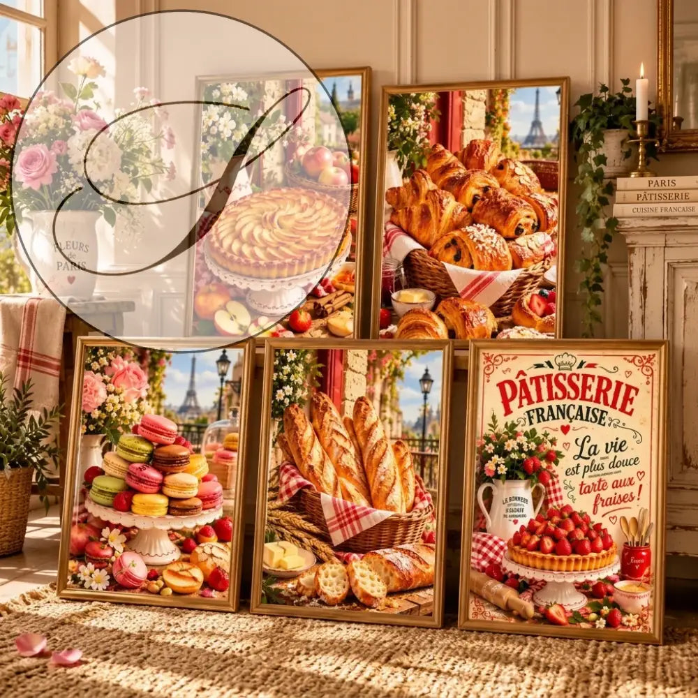 Mur galerie de cuisine avec 5 affiches boulangerie parisienne à imprimer sur une étagère en bois