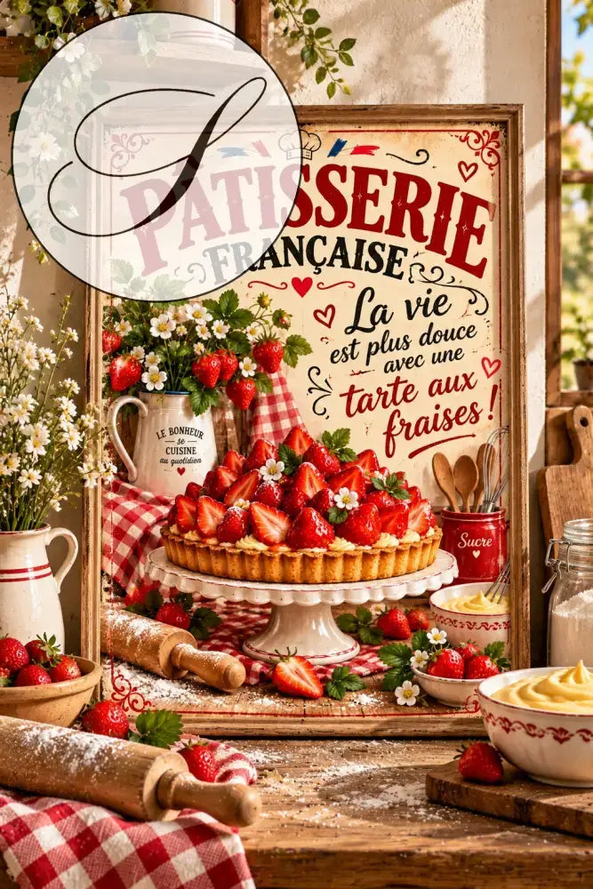 Affiche rétro Pâtisserie française avec tarte aux fraises encadrée dans une cuisine campagne chic