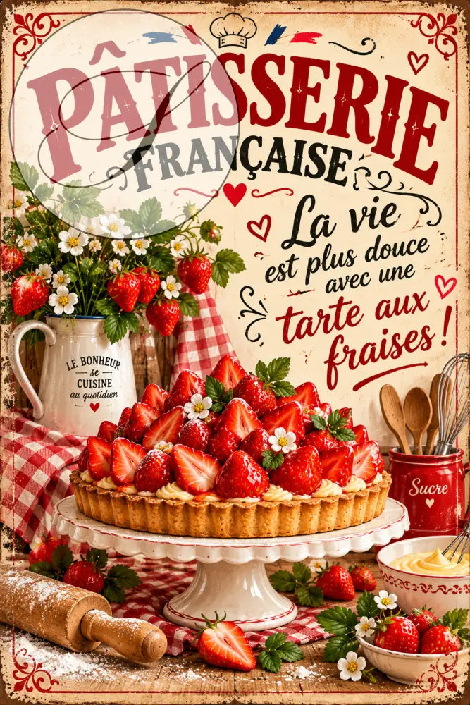 Affiche Pâtisserie française La vie est plus douce avec une tarte aux fraises, poster cuisine vintage