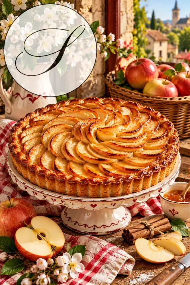 Affiche tarte aux pommes sur présentoir blanc avec pommes rouges et fleurs, décoration murale cuisine