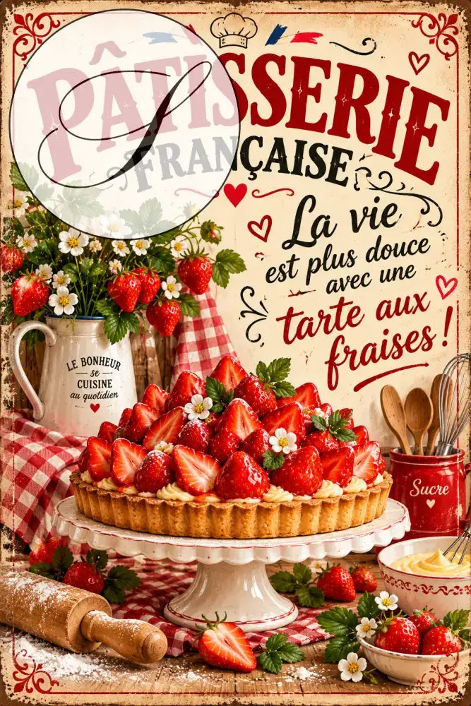 Affiche Pâtisserie française La vie est plus douce avec une tarte aux fraises, poster cuisine vintage