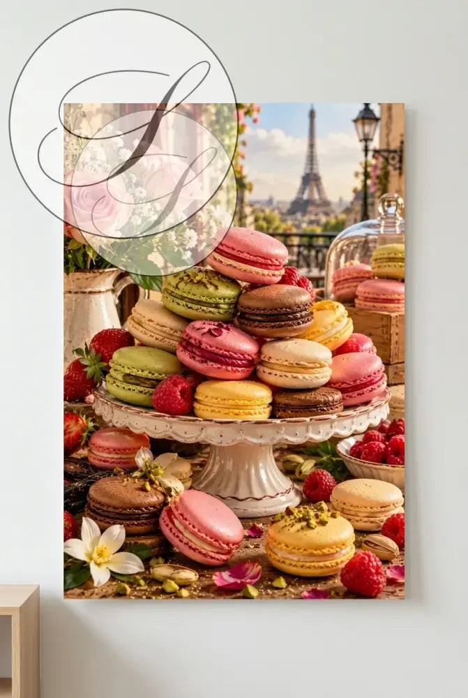 Affiche macarons colorés sur présentoir avec la tour Eiffel, poster cuisine Paris à imprimer