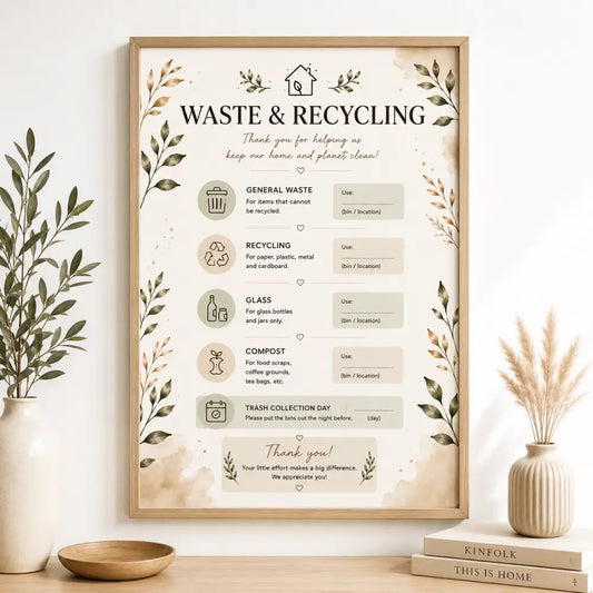 Affiche encadrée waste et recycling beige et verte avec instructions de tri pour poster imprimable kit accueil location saisonnière