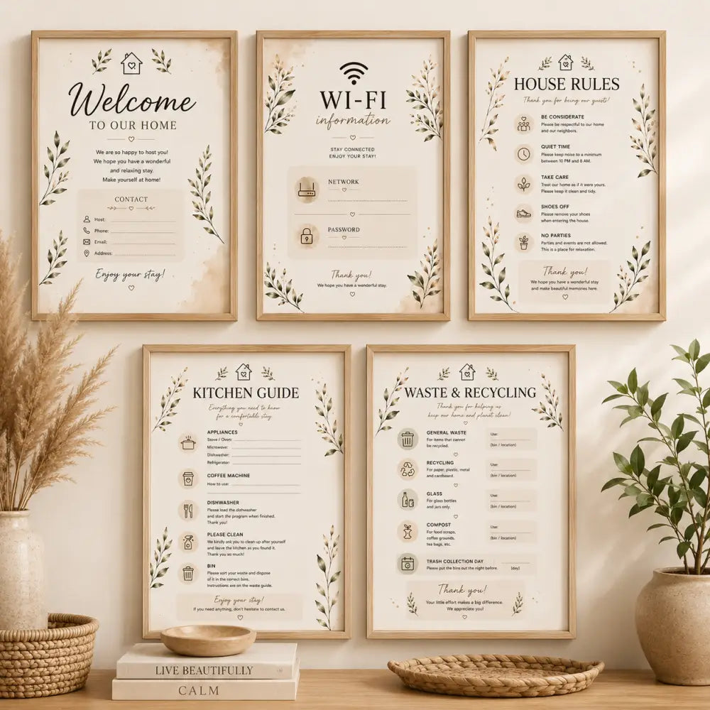 Set de cinq affiches à imprimer accueil location saisonnière avec motifs botaniques sur papier crème encadrées en bois clair