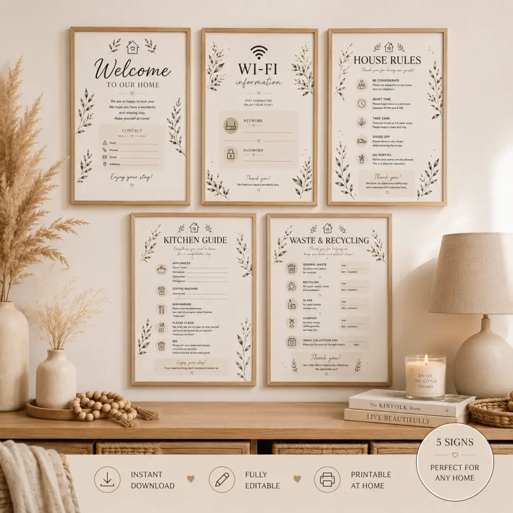 Kit accueil location saisonnière avec 5 affiches à imprimer, posters imprimables avec bordures feuillages et messages pratiques