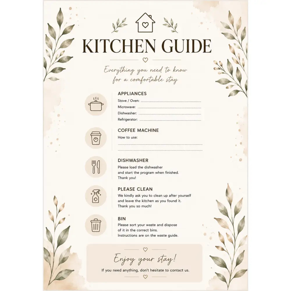 Kit accueil location saisonnière poster beige crème avec texte noir instructions appareils et icône maison printable posters