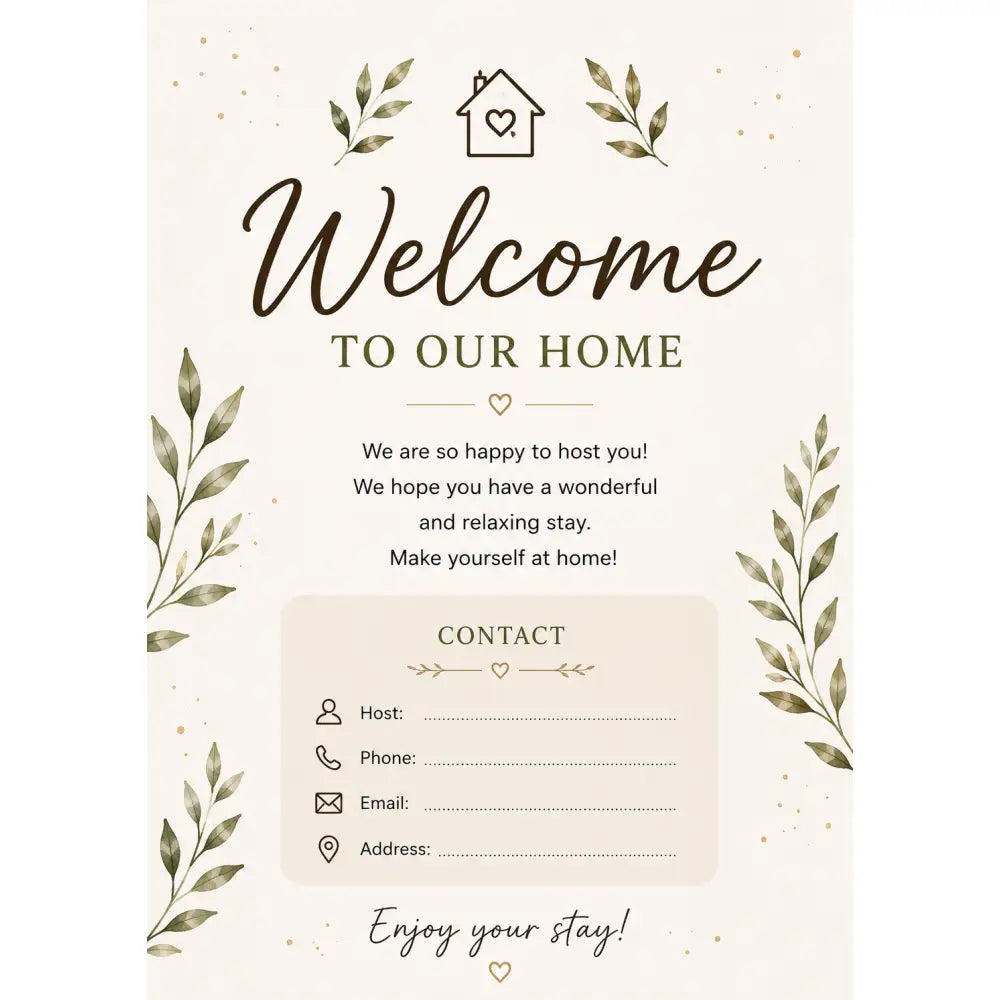 Welcome sign avec lettrage cursif marron élégant sur fond beige avec feuilles aquarelle et paillettes dorées printable posters