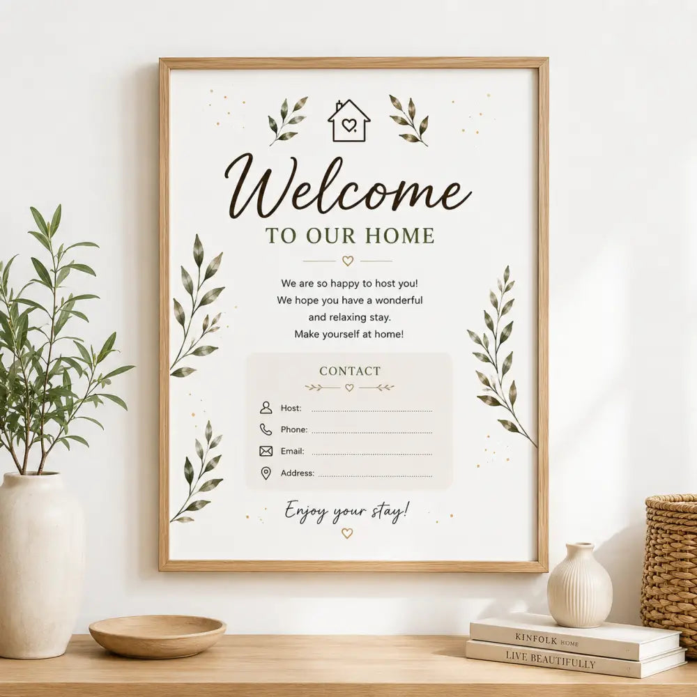 Framed welcome sign with elegant black cursive and green leaf illustrations on white background, printable posters for rental kits
