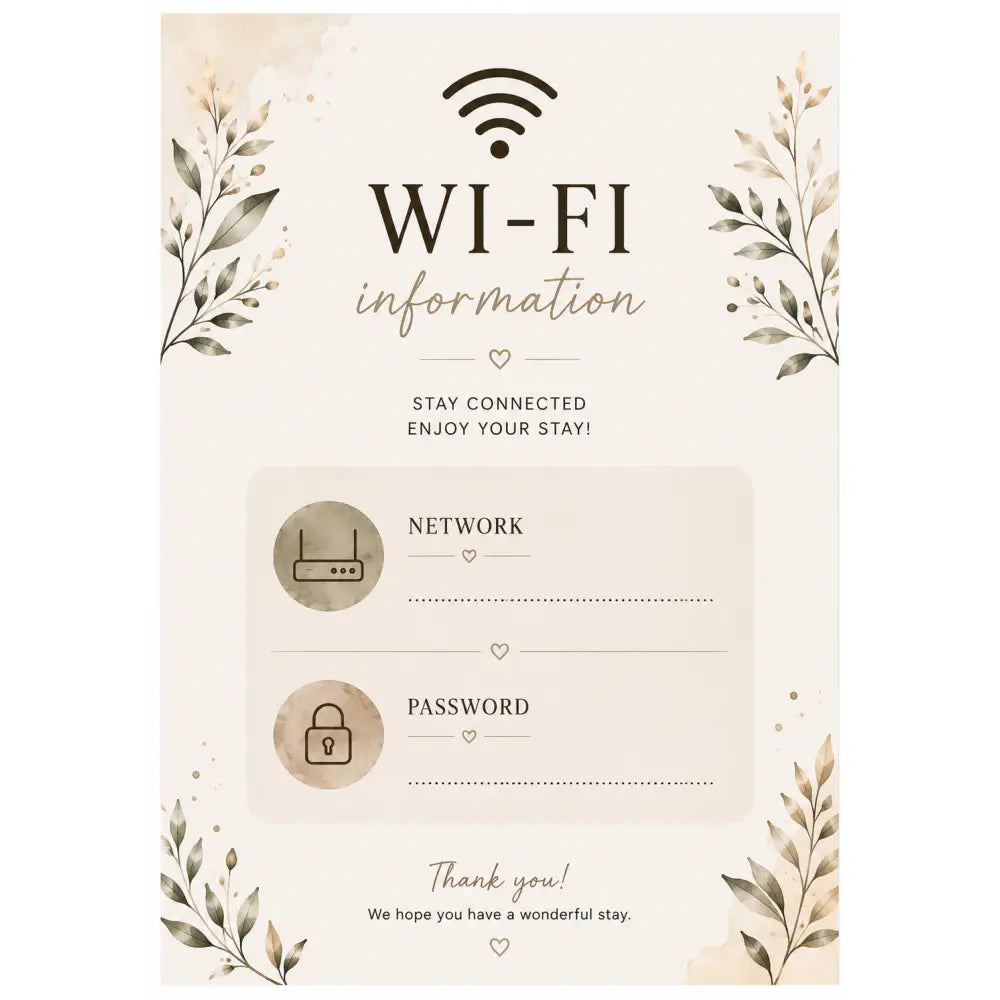 Affiche beige kit accueil location saisonnière avec informations wifi et bordures feuillues pour posters imprimables