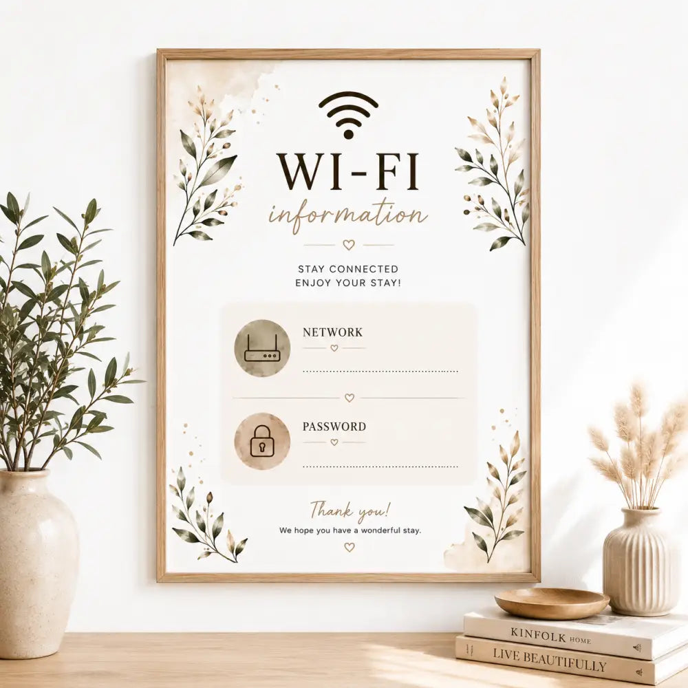 Kit accueil location saisonnière affiche wi-fi avec design floral beige et or pour afficher nom réseau et mot de passe printable posters