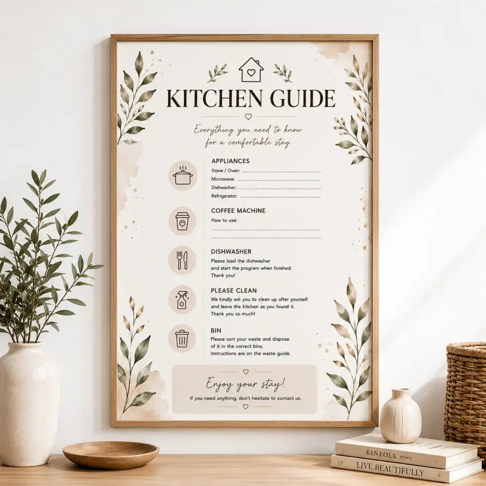 Affiche encadrée kit accueil location saisonnière avec design botanique beige et vert texte noir sur fond crème printable posters