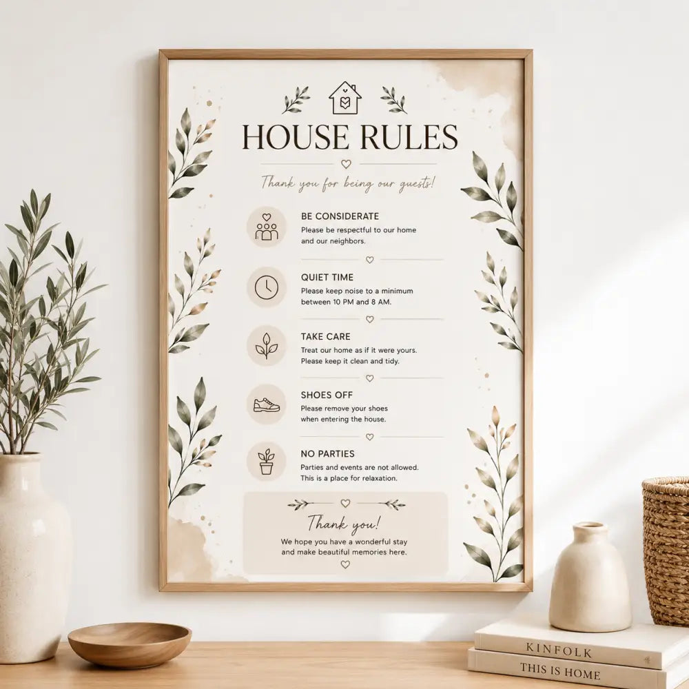 Affiche encadrée règles de la maison avec design botanique beige et vert texte noir sur fond écru pour posters imprimables