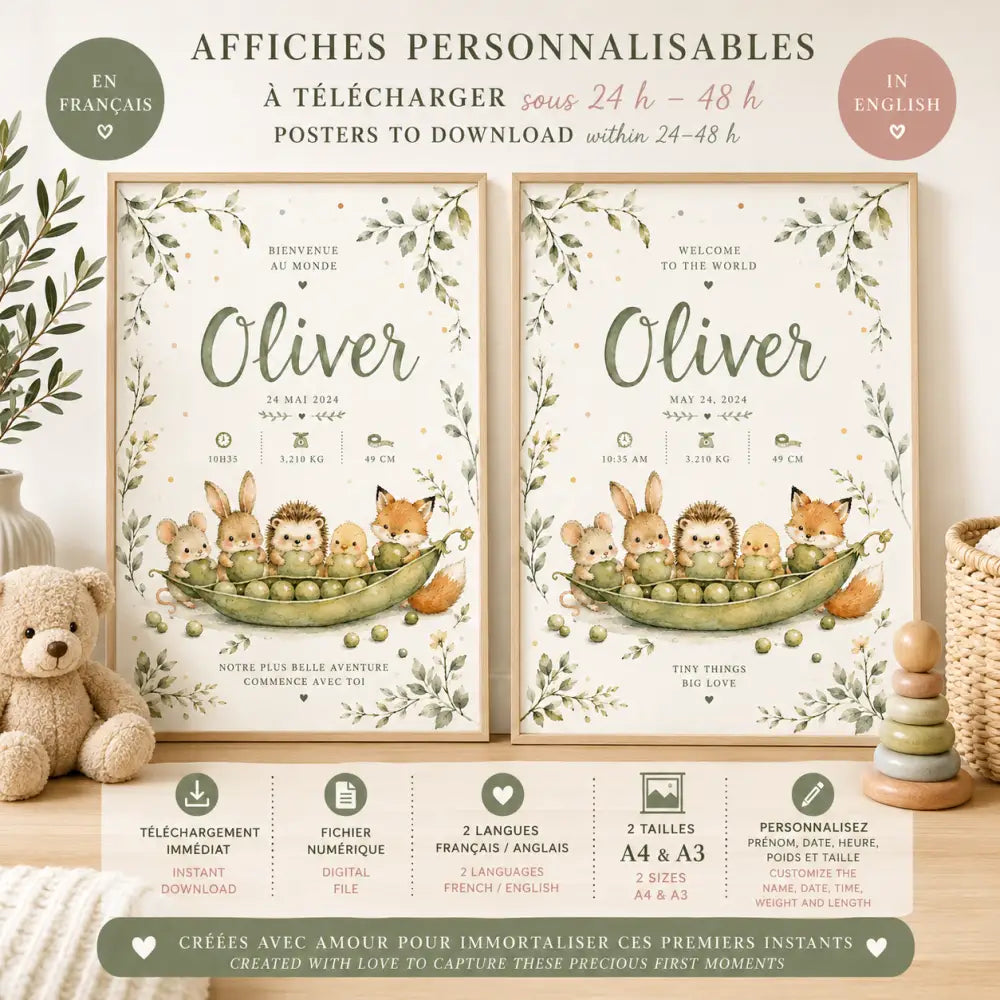 Deux affiches personnalisées de naissance bébé avec animaux de la forêt illustrés dans une cosse avec le prénom oliver