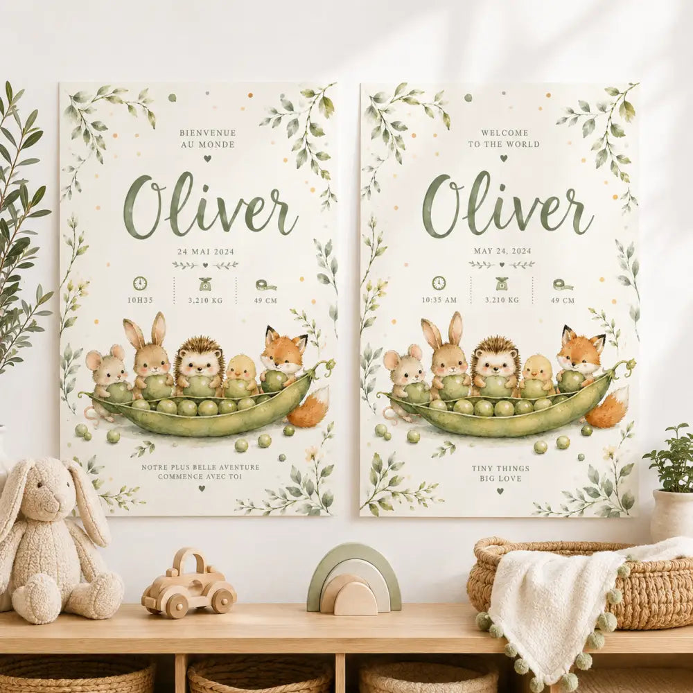Deux affiches encadrées identiques de bienvenue nouveau-né avec illustration aquarelle d’animaux et prénom oliver