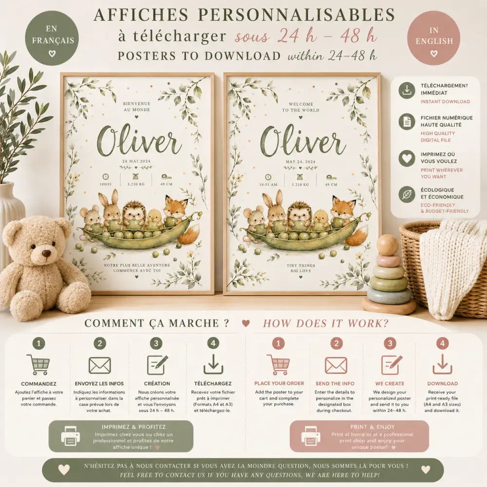 Deux affiches personnalisées de bienvenue pour bébé avec illustration ludique d’animaux des bois dans une cosse avec le nom oliver