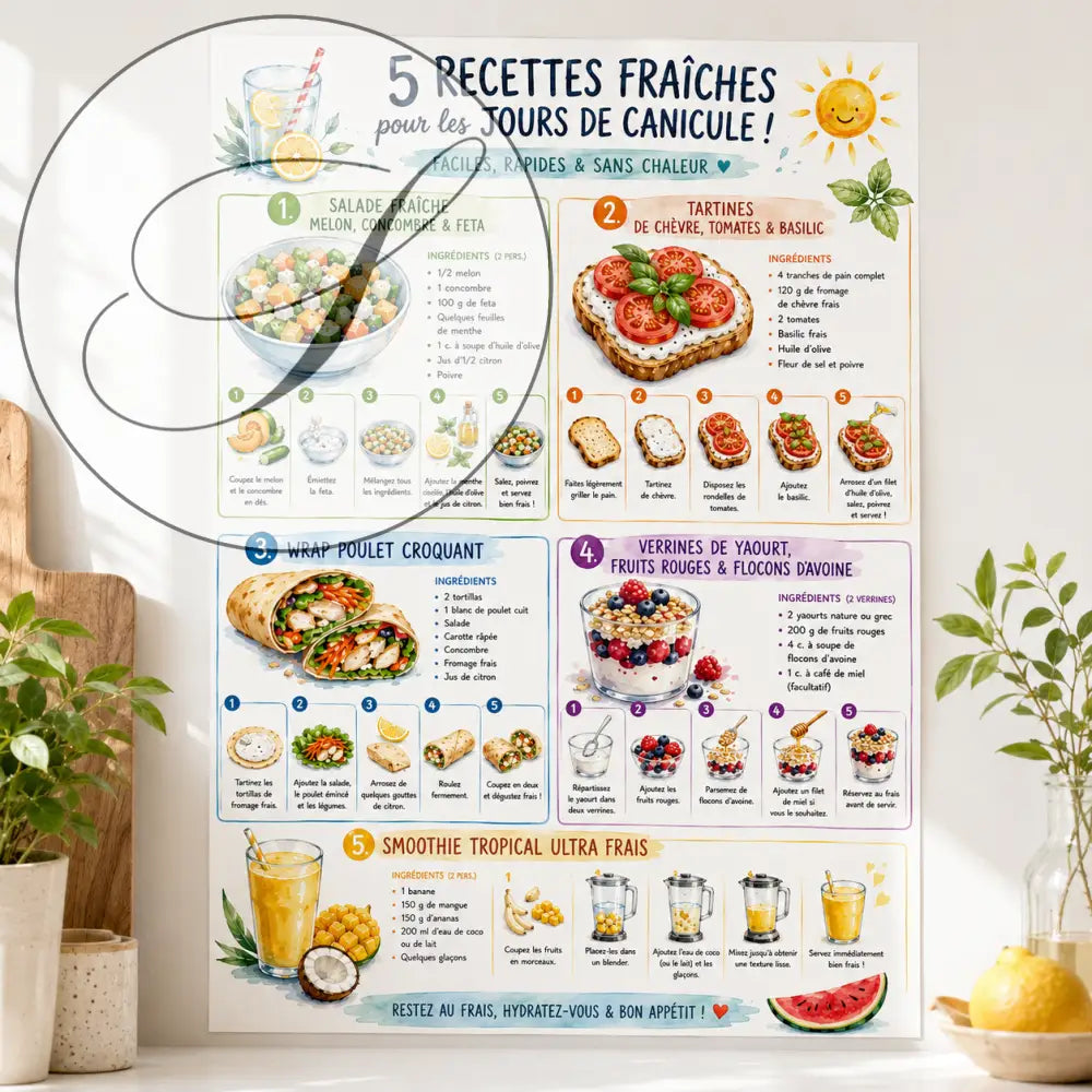 Poster illustré coloré ff présentant cinq recettes dété fraîches en français