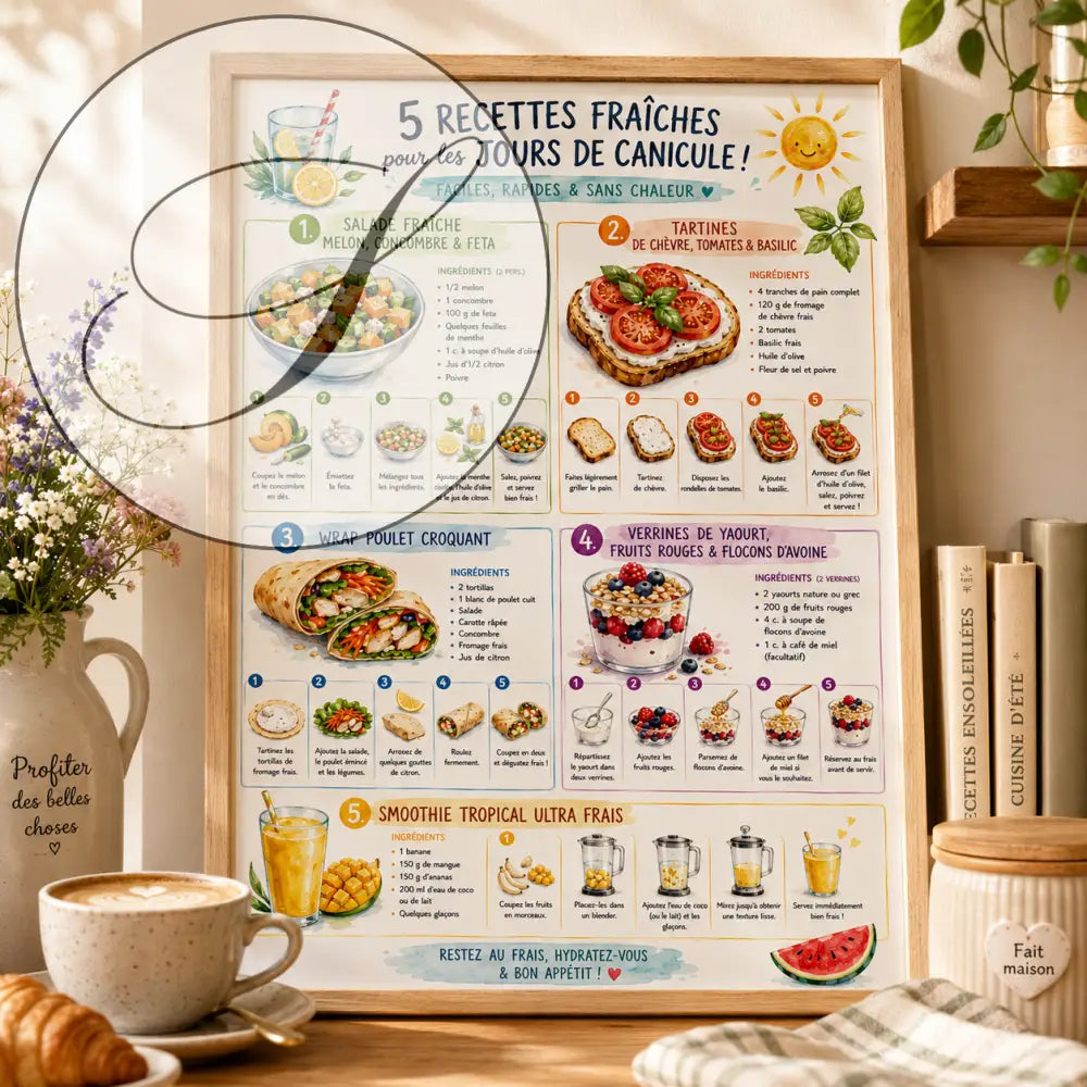 A framed poster titled ff with colorful summer recipes illustrations and french text in a light wood frame