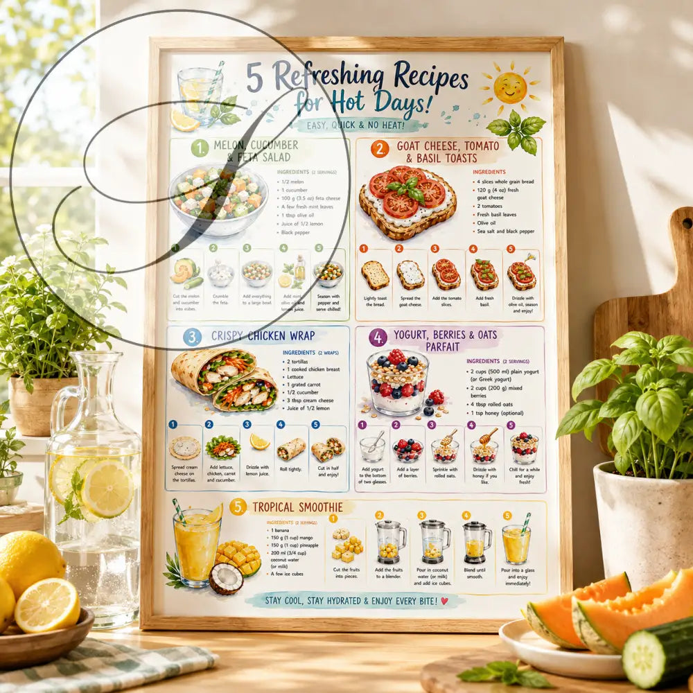 Un poster encadré ff présentant cinq recettes rafraîchissantes pour les journées chaudes avec illustrations colorées et listes d ingrédients